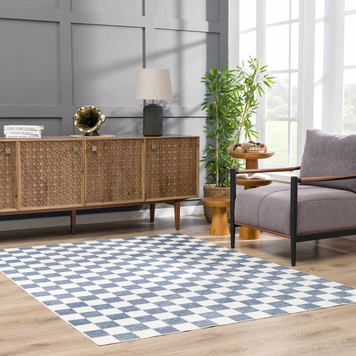 Modern Geometrical Checkered Blue and Ivory Check Board Washable Area Rug - The Rug Decor