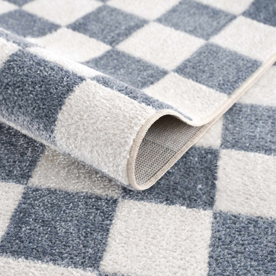 Modern Geometrical Checkered Blue and Ivory Check Board Washable Area Rug - The Rug Decor