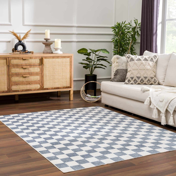 Modern Geometrical Checkered Blue and Ivory Check Board Washable Area Rug - The Rug Decor