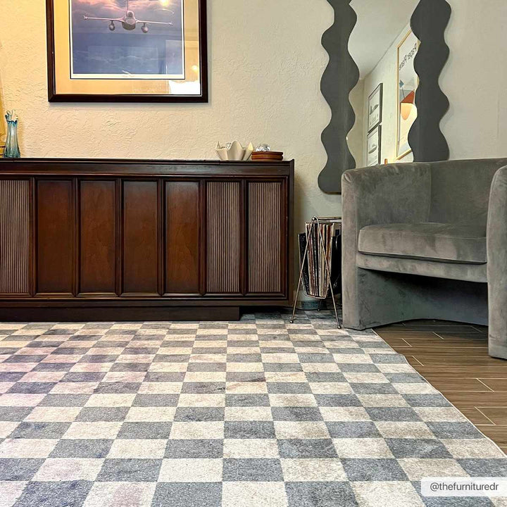 Modern Geometrical Checkered Blue and Ivory Check Board Washable Area Rug - The Rug Decor