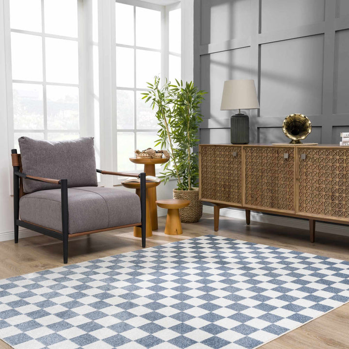 Modern Geometrical Checkered Blue and Ivory Check Board Washable Area Rug - The Rug Decor