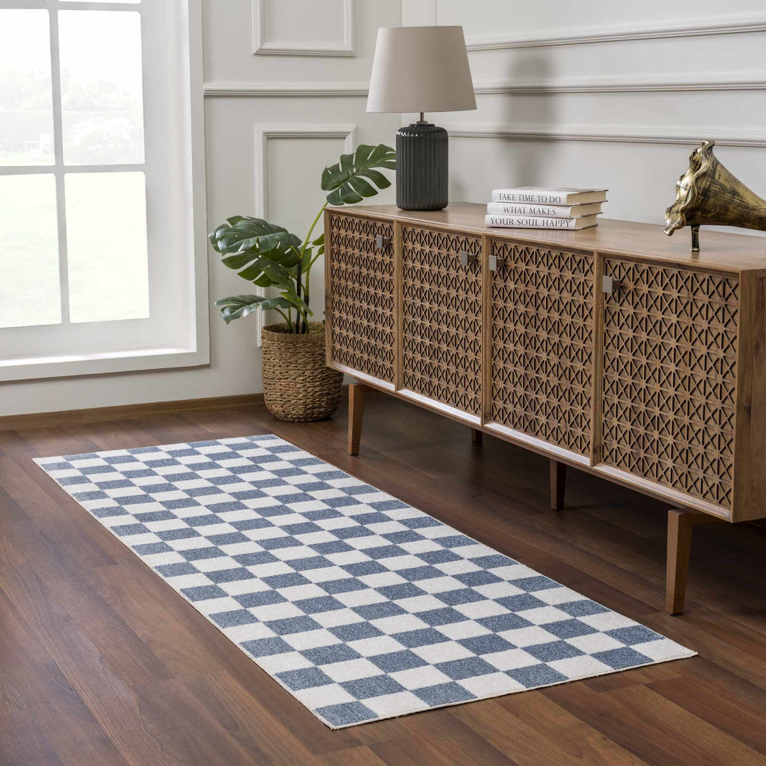 Modern Geometrical Checkered Blue and Ivory Check Board Washable Area Rug - The Rug Decor
