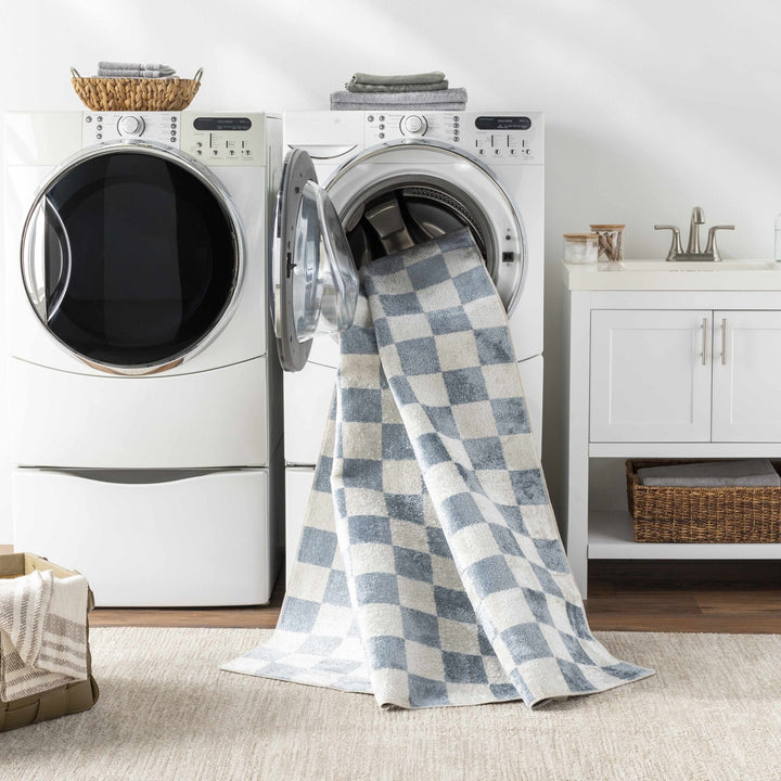 Modern Geometrical Checkered Blue and Ivory Check Board Washable Area Rug - The Rug Decor