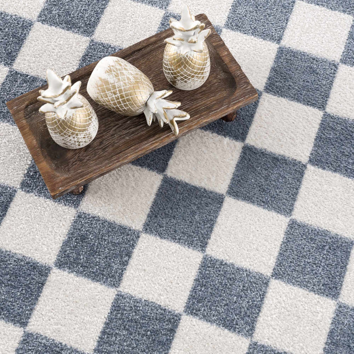 Modern Geometrical Checkered Blue and Ivory Check Board Washable Area Rug - The Rug Decor
