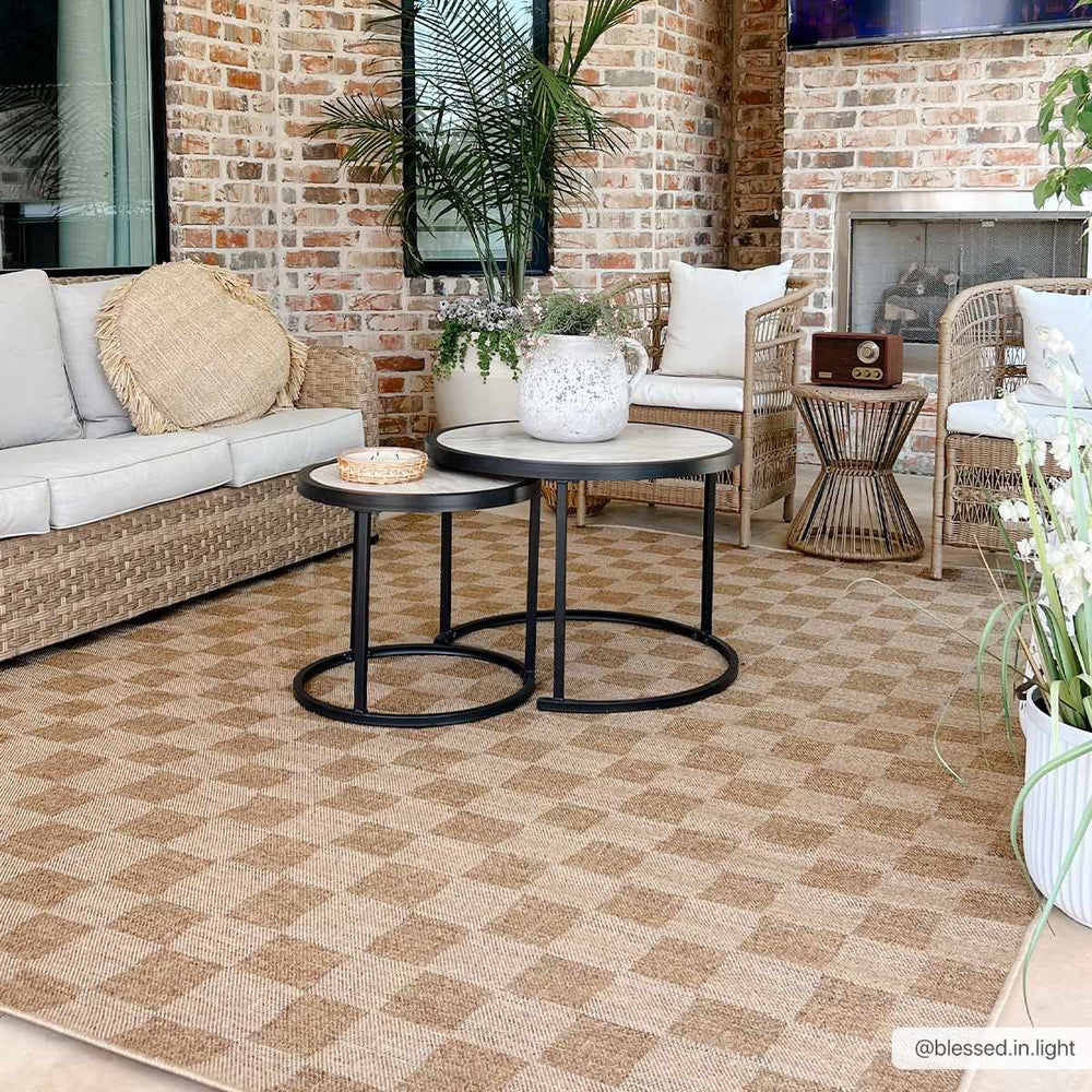 Modern Geometrical Checkered Brown and Ivory Outdoor safe Area Rug - The Rug Decor