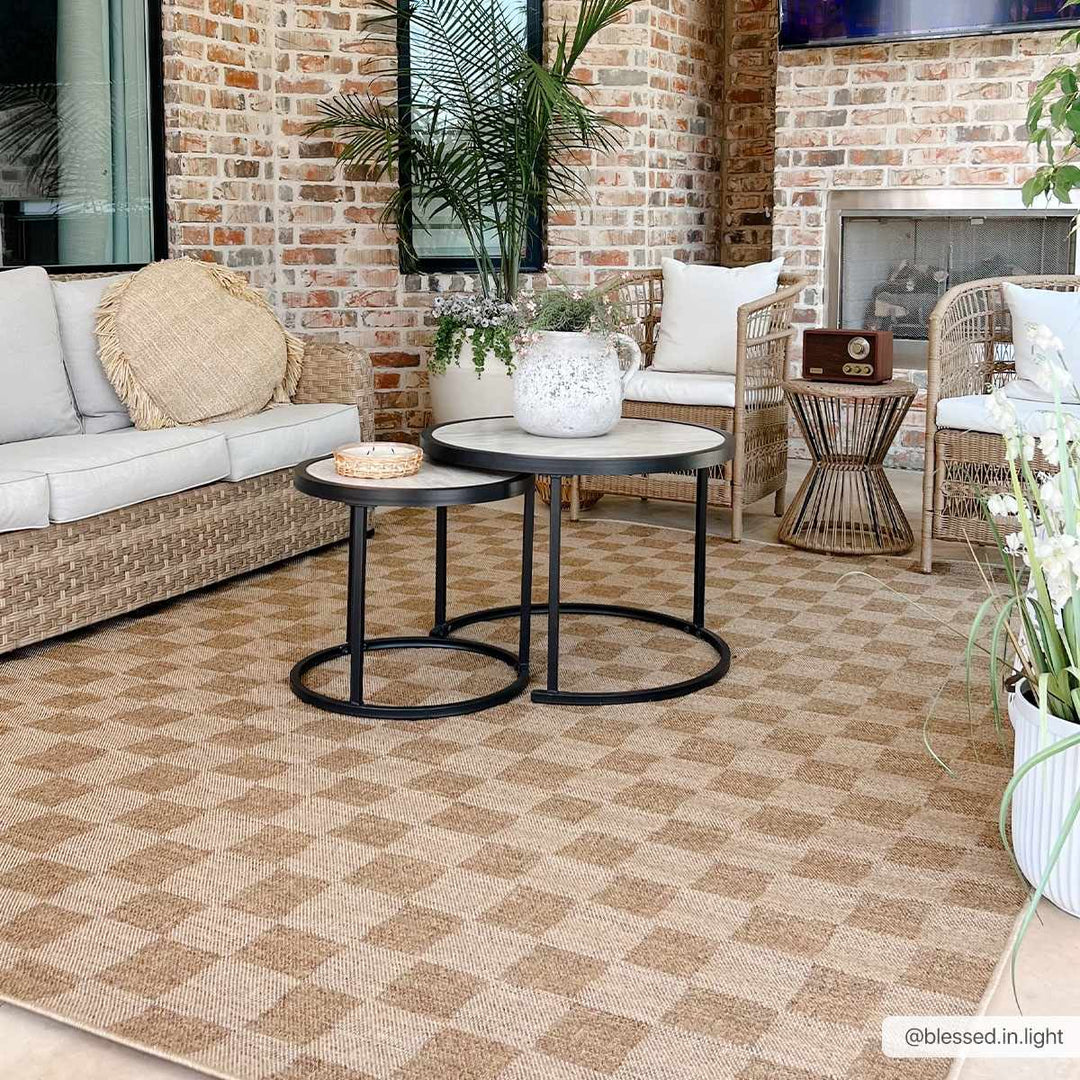 Modern Geometrical Checkered Brown and Ivory Outdoor safe Area Rug - The Rug Decor