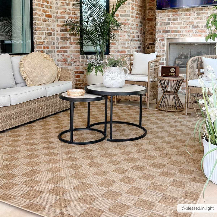 Modern Geometrical Checkered Brown and Ivory Outdoor safe Area Rug - The Rug Decor