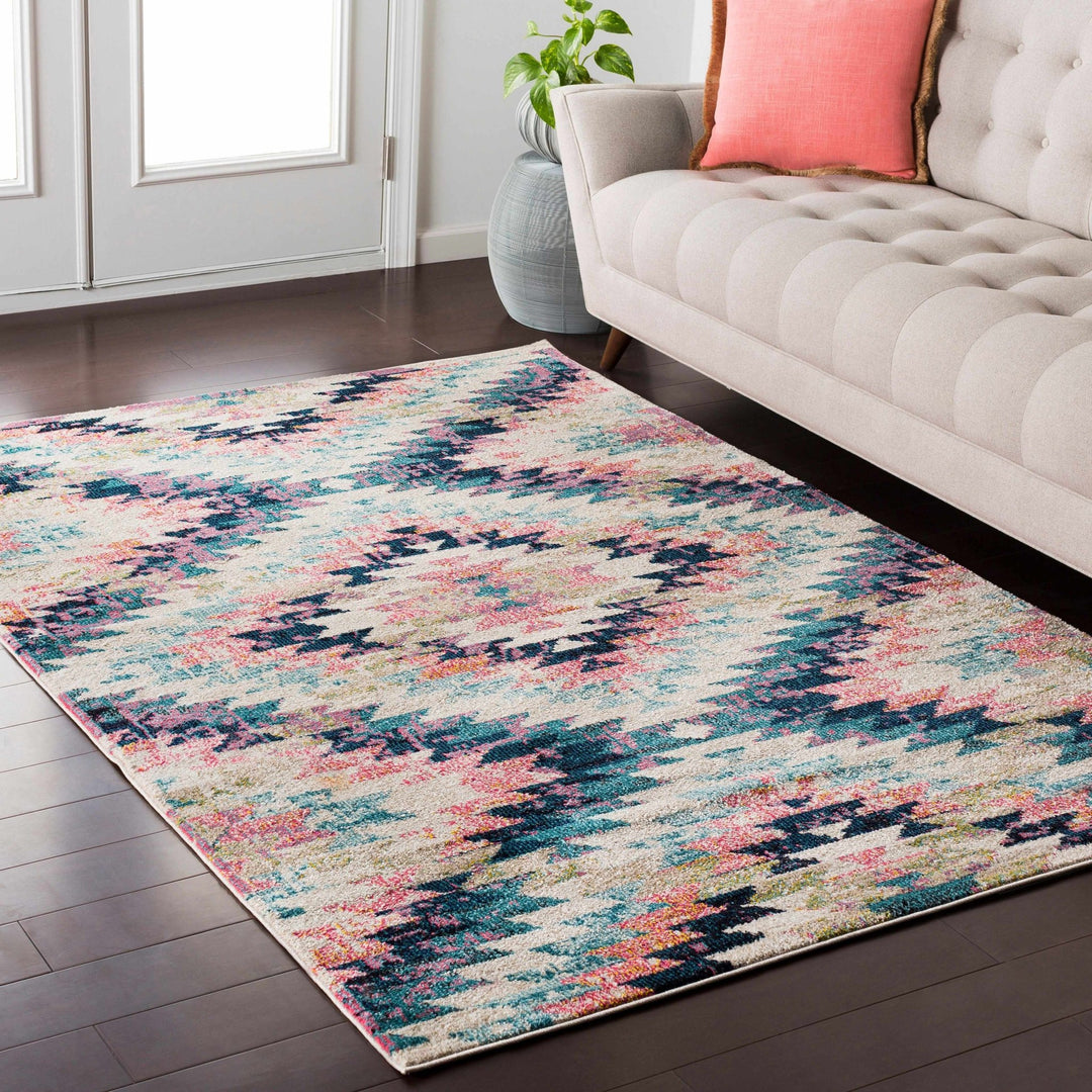Modern Geometrical Chevron Design Ivory, Pink, Blue and Teal Multi size Rug - The Rug Decor