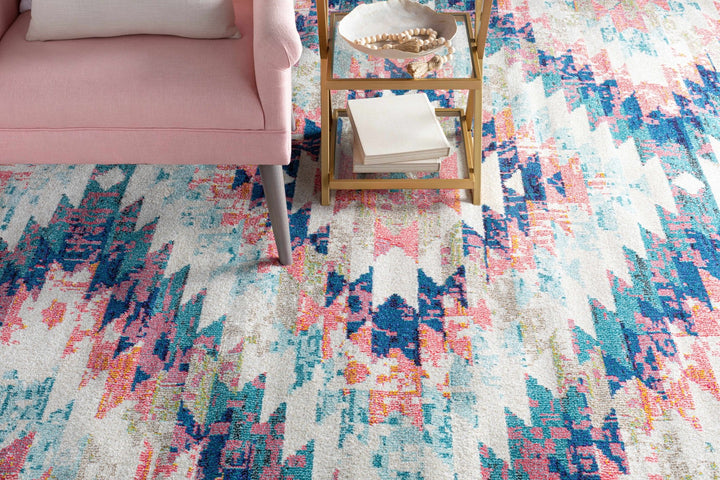 Modern Geometrical Chevron Design Ivory, Pink, Blue and Teal Multi size Rug - The Rug Decor