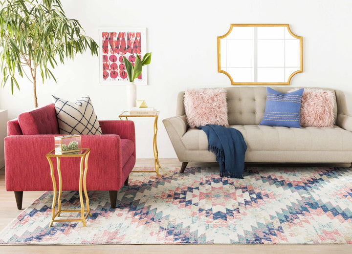 Modern Geometrical Chevron Design Ivory, Pink, Blue and Teal Multi size Rug - The Rug Decor