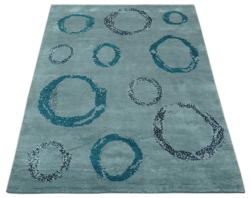 Modern Geometrical Circle Design Teal and Charcoal 5x7 Hand Knotted wool area rug - The Rug Decor