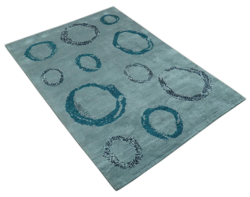 Modern Geometrical Circle Design Teal and Charcoal 5x7 Hand Knotted wool area rug - The Rug Decor