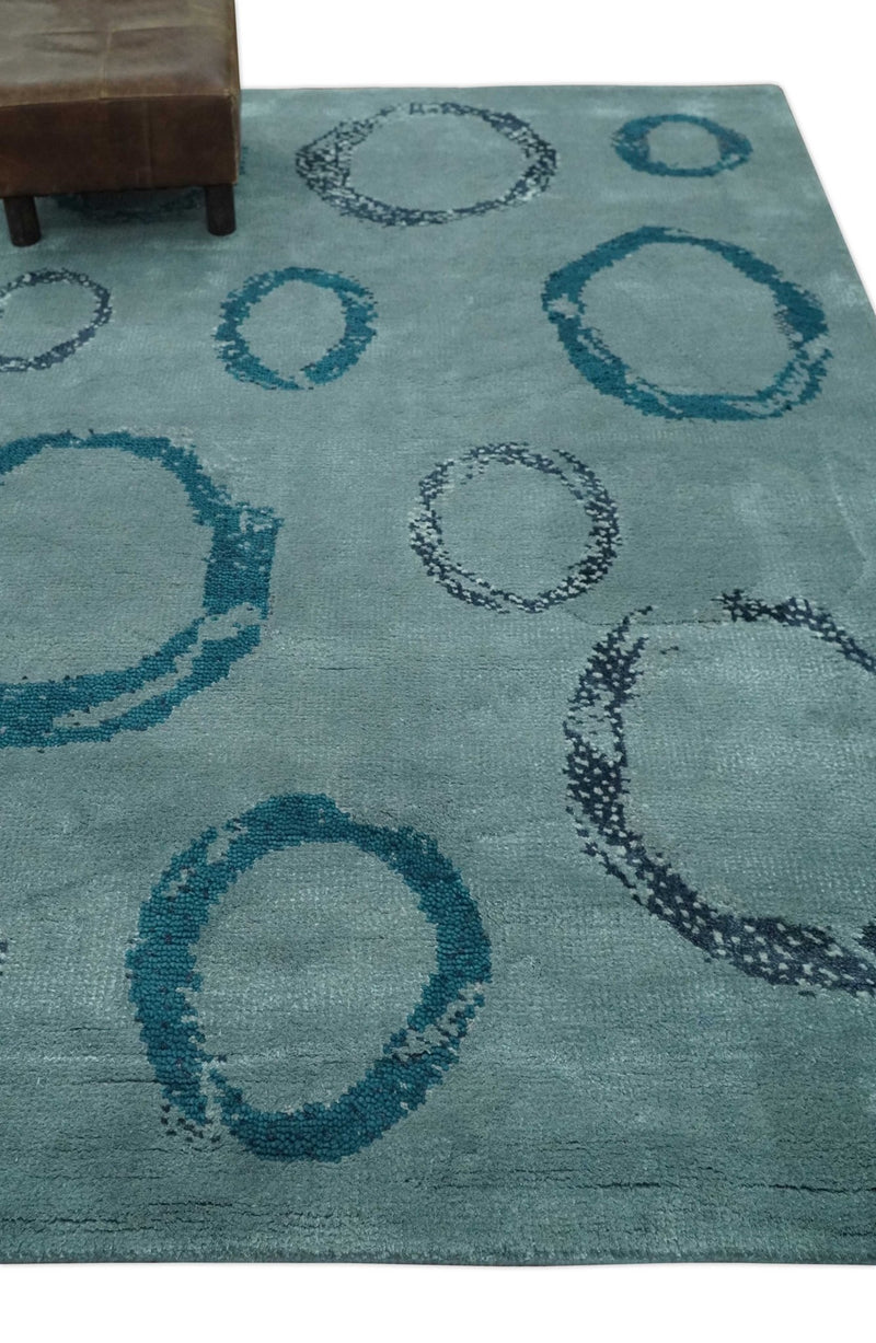 Modern Geometrical Circle Design Teal and Charcoal 5x7 Hand Knotted wool area rug - The Rug Decor