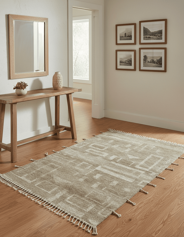 Modern Geometrical Dark Beige and Ivory Hand Knotted 5x8 Wool Area Rug - The Rug Decor