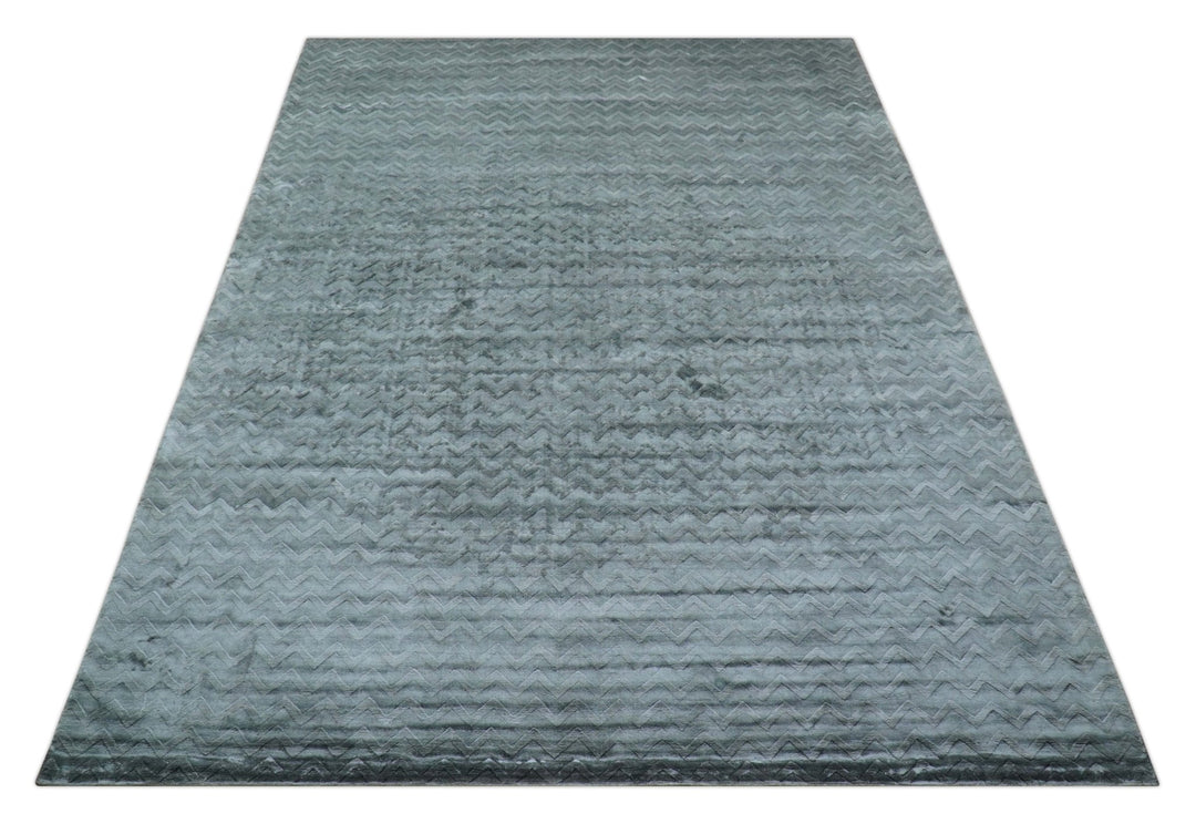 Modern Geometrical Design Dark Teal Hand Loom 9.5x13 Art Silk Area Rug - The Rug Decor