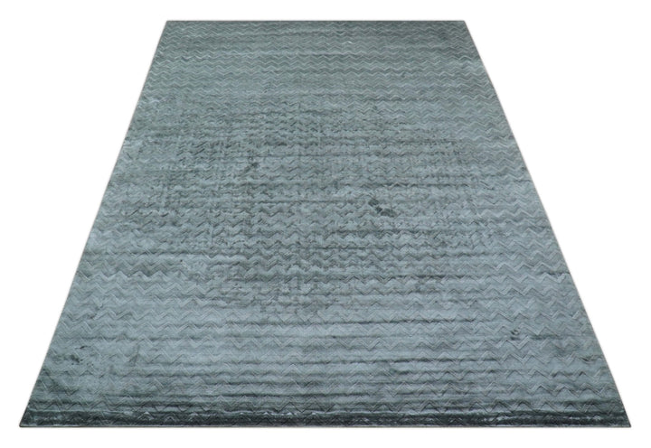 Modern Geometrical Design Dark Teal Hand Loom 9.5x13 Art Silk Area Rug - The Rug Decor