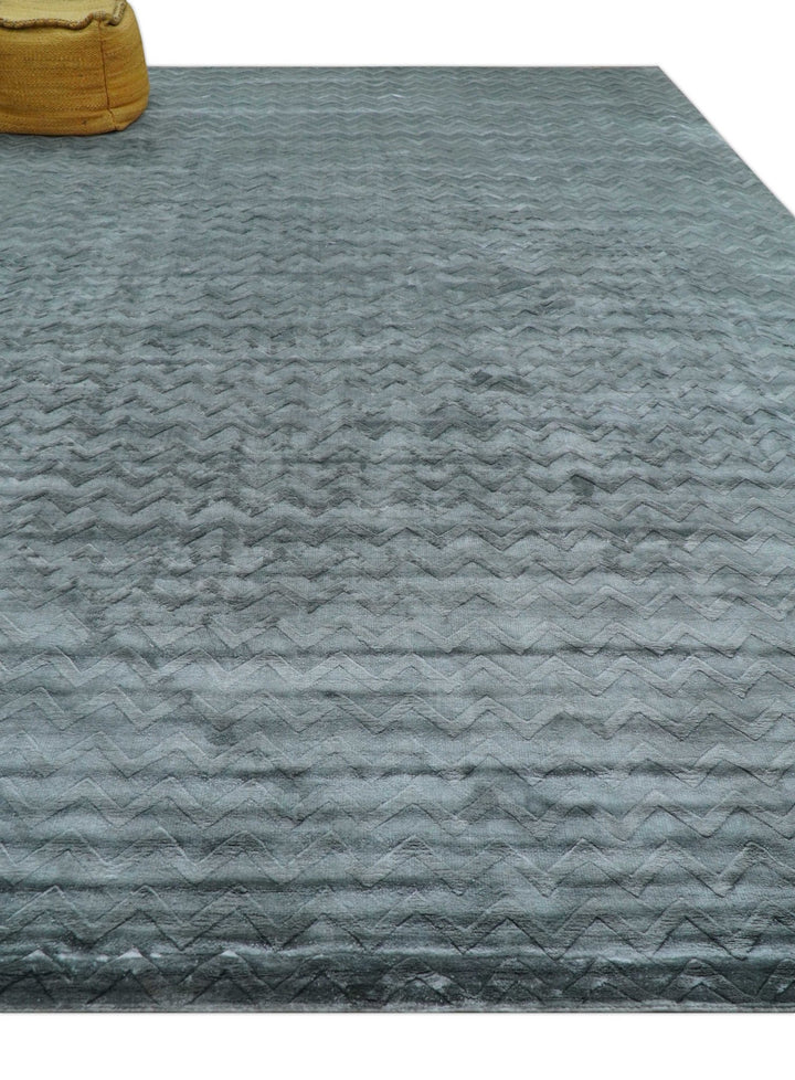 Modern Geometrical Design Dark Teal Hand Loom 9.5x13 Art Silk Area Rug - The Rug Decor