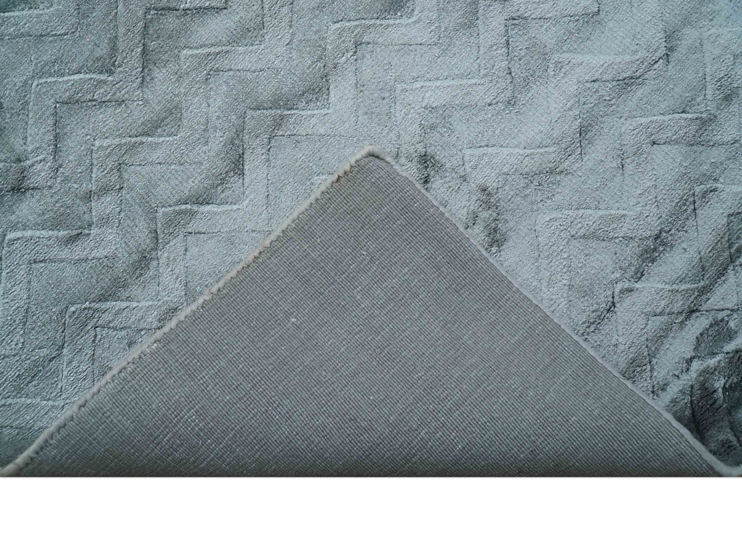 Modern Geometrical Design Dark Teal Hand Loom 9.5x13 Art Silk Area Rug - The Rug Decor