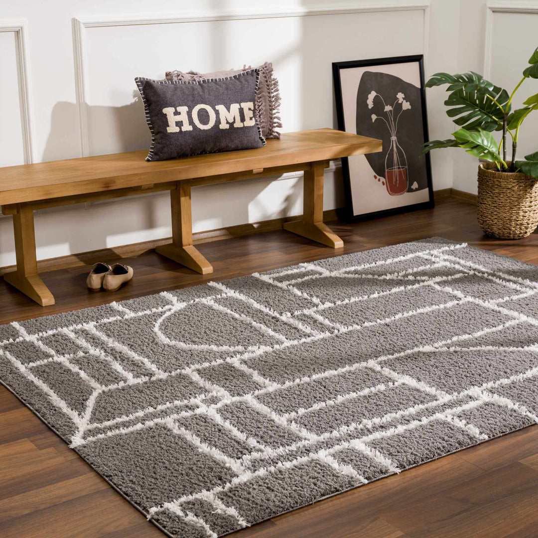 Modern Geometrical Grayish Brown and Ivory Plush Pile Moroccan Style Area Rug - The Rug Decor