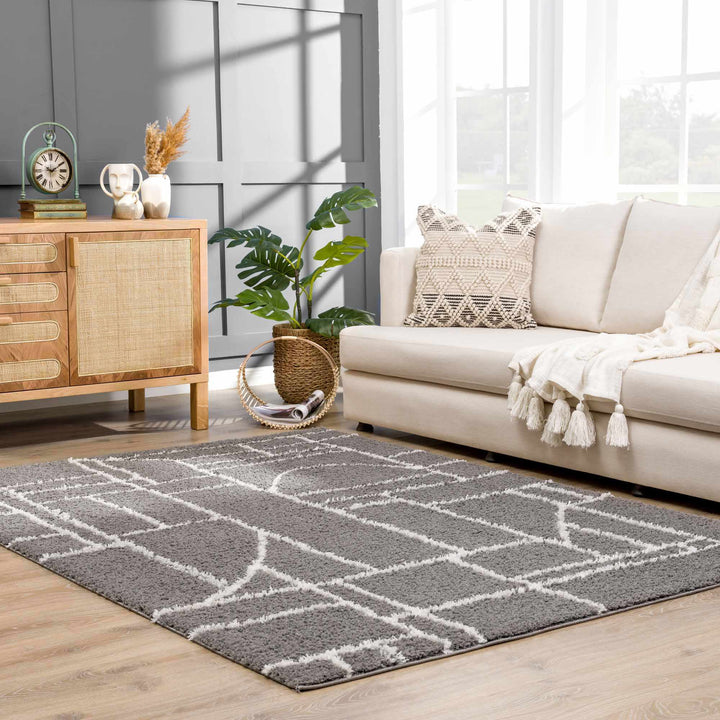 Modern Geometrical Grayish Brown and Ivory Plush Pile Moroccan Style Area Rug - The Rug Decor