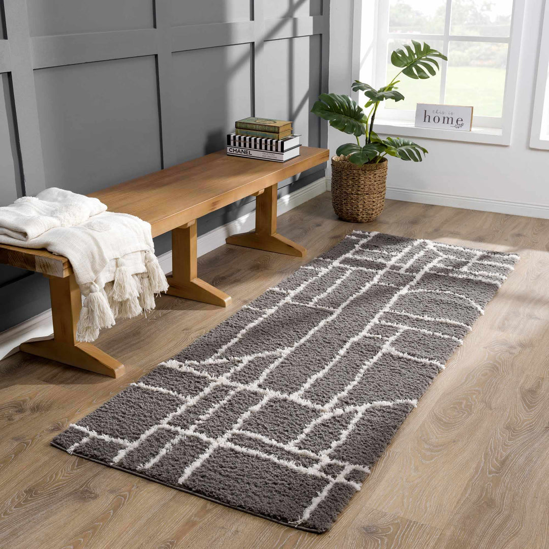 Modern Geometrical Grayish Brown and Ivory Plush Pile Moroccan Style Area Rug - The Rug Decor