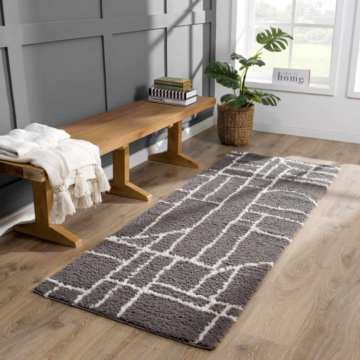 Modern Geometrical Grayish Brown and Ivory Plush Pile Moroccan Style Area Rug - The Rug Decor