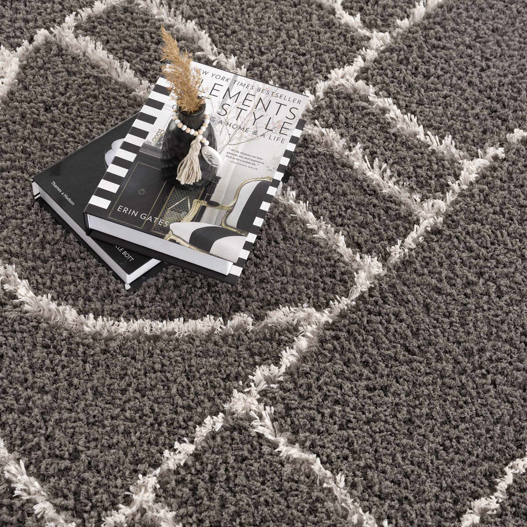 Modern Geometrical Grayish Brown and Ivory Plush Pile Moroccan Style Area Rug - The Rug Decor