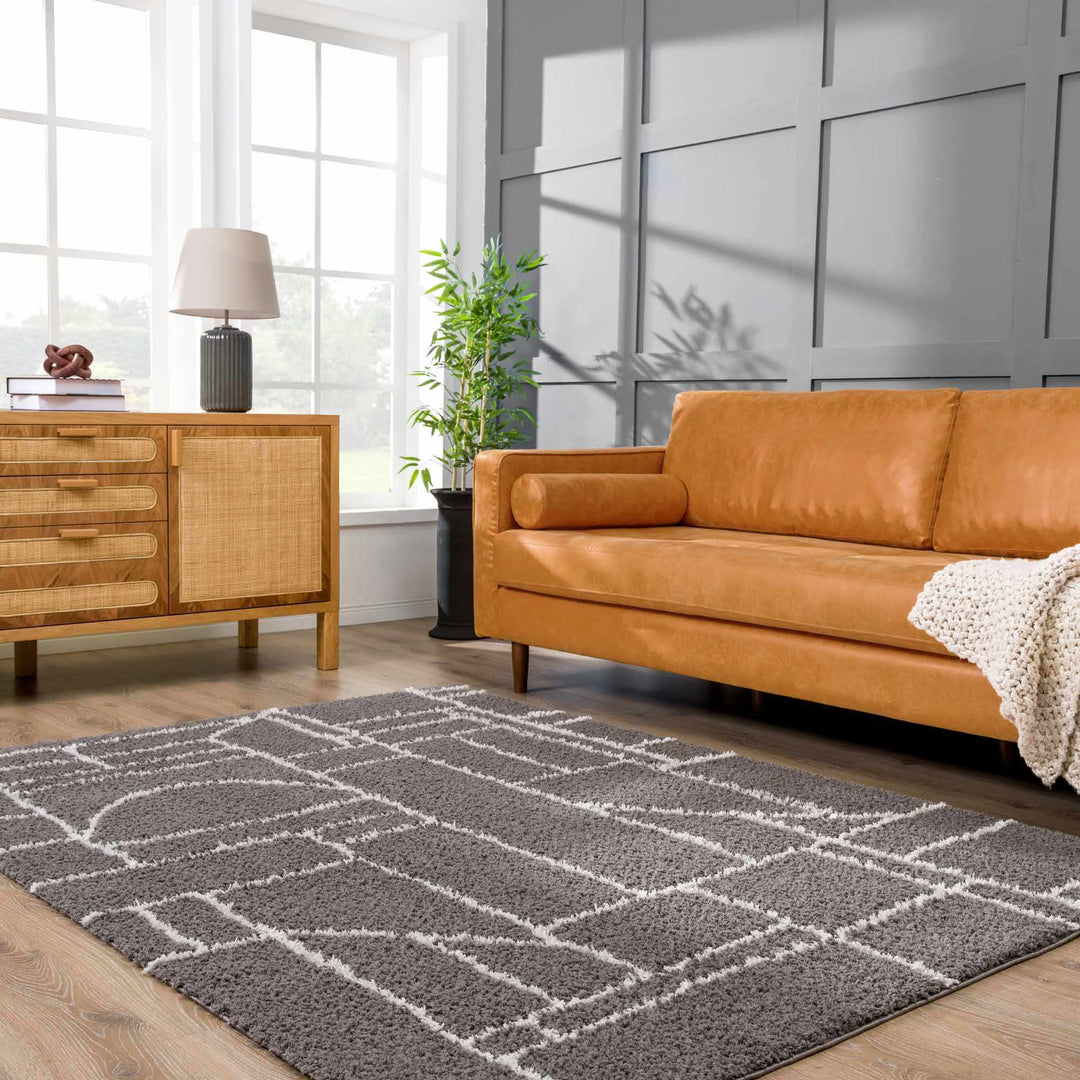 Modern Geometrical Grayish Brown and Ivory Plush Pile Moroccan Style Area Rug - The Rug Decor