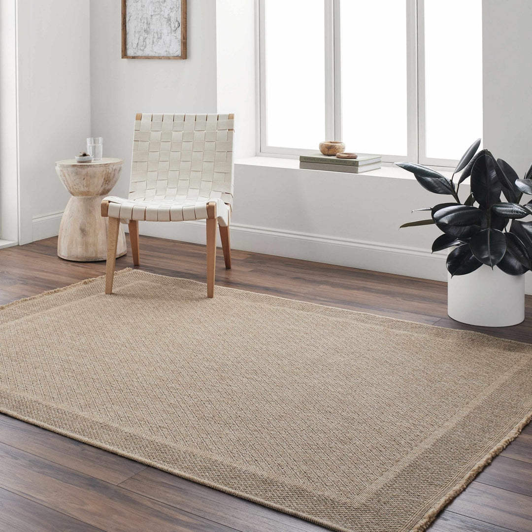 Modern Geometrical Ikuyo Tan And Brown Machine Woven Indoor & Outdoor Rug - The Rug Decor