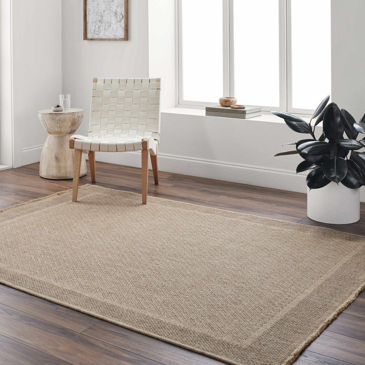 Modern Geometrical Ikuyo Tan And Brown Machine Woven Indoor & Outdoor Rug - The Rug Decor
