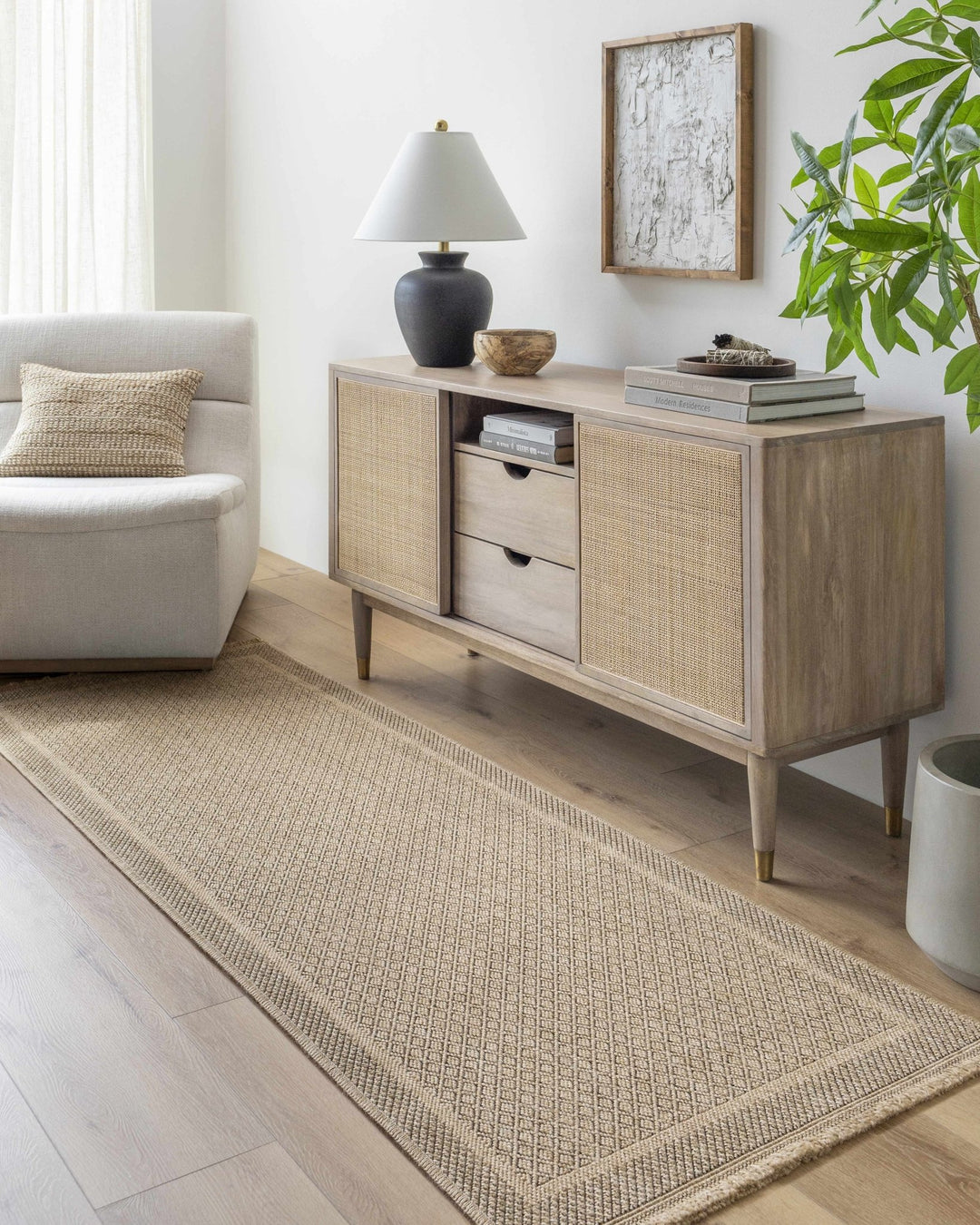 Modern Geometrical Ikuyo Tan And Brown Machine Woven Indoor & Outdoor Rug - The Rug Decor