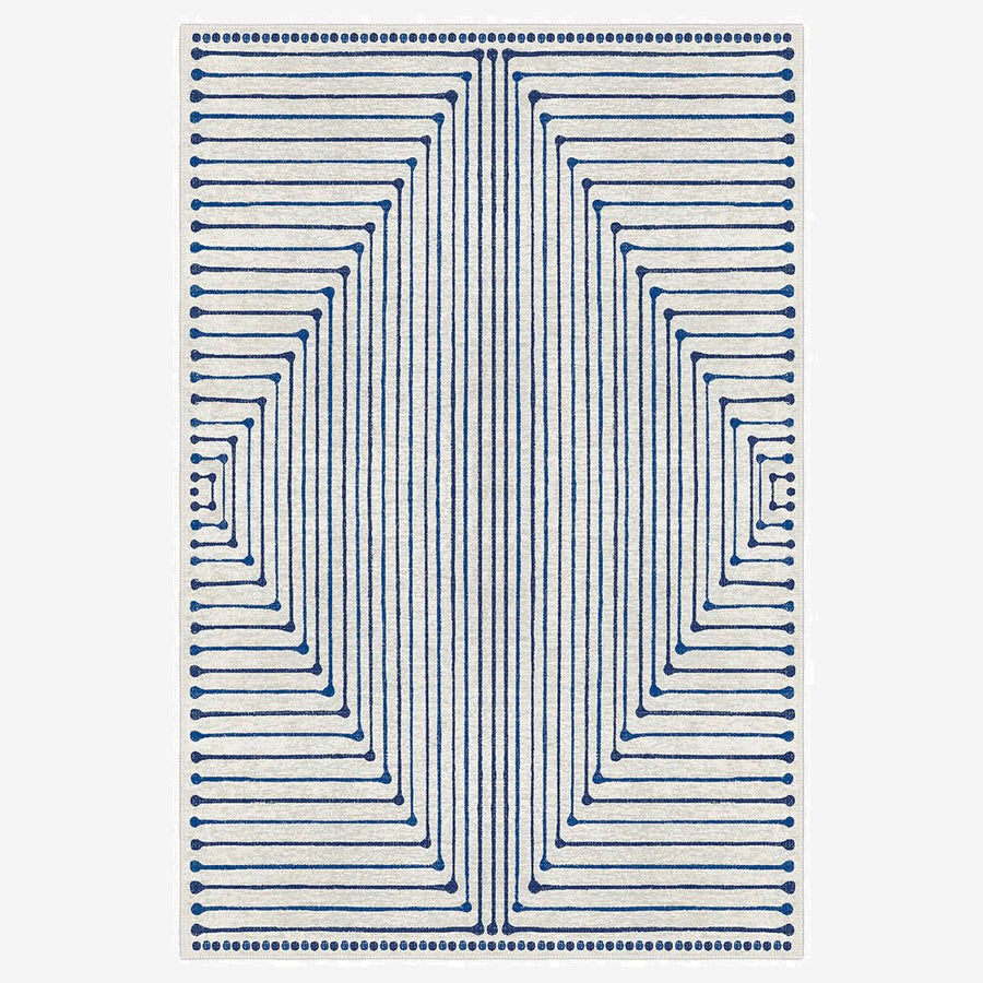 Modern Geometrical Ivory And Blue Machine Washable Cotton Rug - The Rug Decor