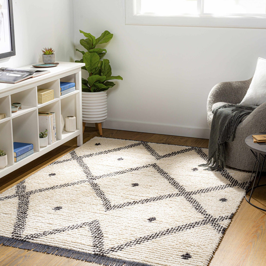 Modern Geometrical Ivory and Charcoal Stripes texture area rug - The Rug Decor