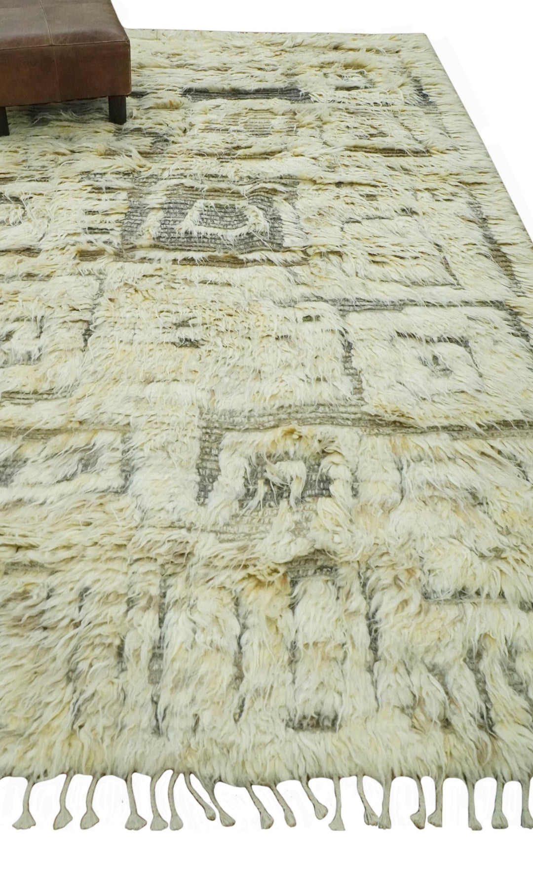 Modern Geometrical Ivory and Gray Texture 9x12 Moroccan Style Plush Pile wool Rug - The Rug Decor