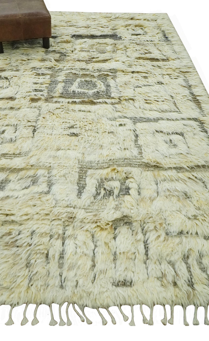 Modern Geometrical Ivory and Gray Texture 9x12 Moroccan Style Plush Pile wool Rug - The Rug Decor