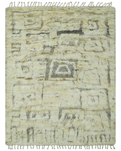 Modern Geometrical Ivory and Gray Texture 9x12 Moroccan Style Plush Pile wool Rug - The Rug Decor