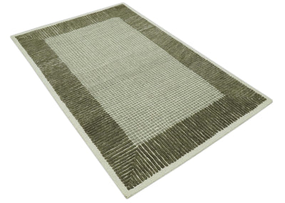 Modern Geometrical Ivory and Olive Hand Tufted 5x7.6 wool area rug - The Rug Decor