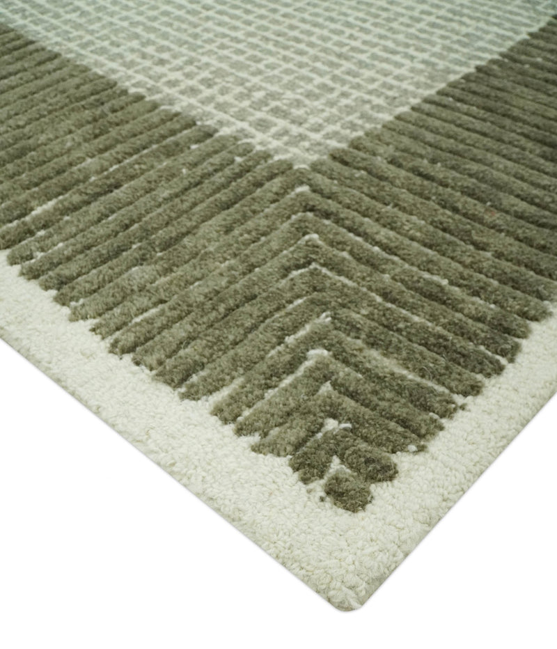 Modern Geometrical Ivory and Olive Hand Tufted 5x7.6 wool area rug - The Rug Decor