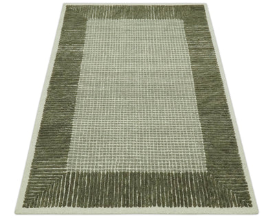 Modern Geometrical Ivory and Olive Hand Tufted 5x7.6 wool area rug - The Rug Decor