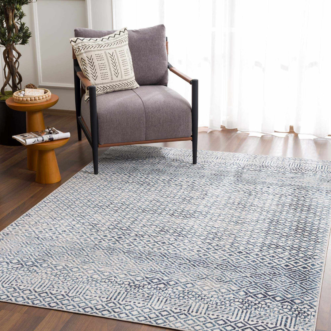 Modern Geometrical Ivory, and Teal Washable Area Rug - The Rug Decor