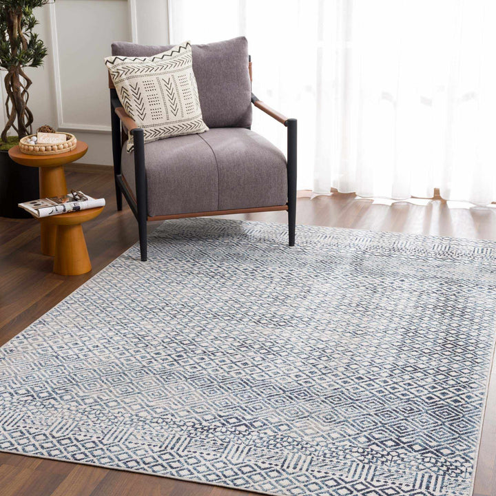 Modern Geometrical Ivory, and Teal Washable Area Rug - The Rug Decor