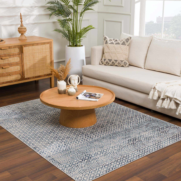 Modern Geometrical Ivory, and Teal Washable Area Rug - The Rug Decor