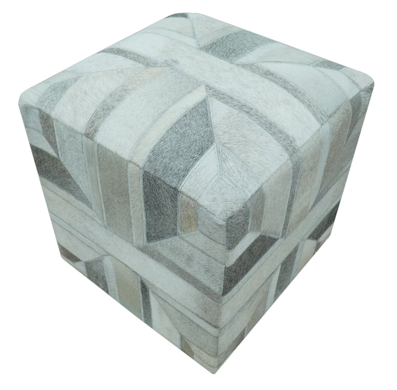 Modern Geometrical Ivory, Gray, Beige Genuine Leather Pouf - The Rug Decor