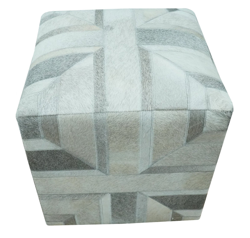 Modern Geometrical Ivory, Gray, Beige Genuine Leather Pouf - The Rug Decor