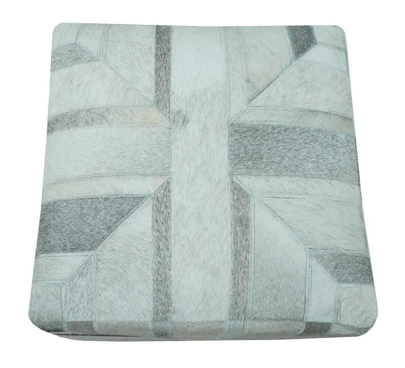 Modern Geometrical Ivory, Gray, Beige Genuine Leather Pouf - The Rug Decor