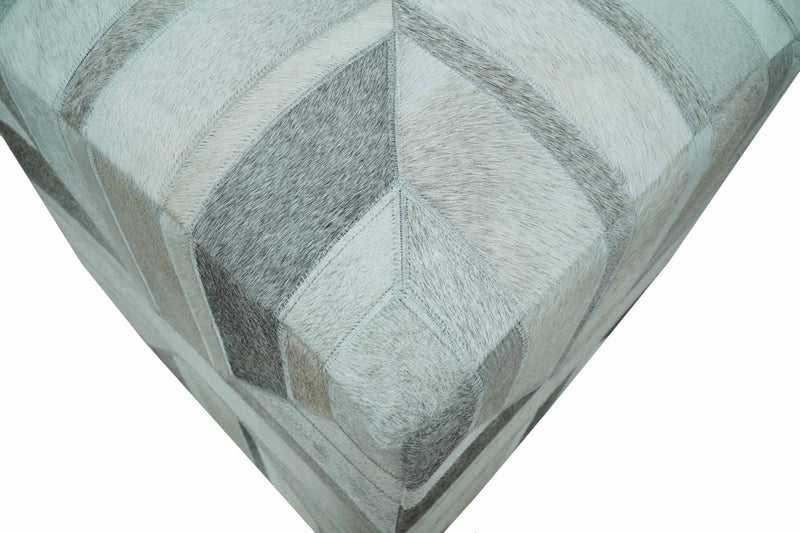 Modern Geometrical Ivory, Gray, Beige Genuine Leather Pouf - The Rug Decor