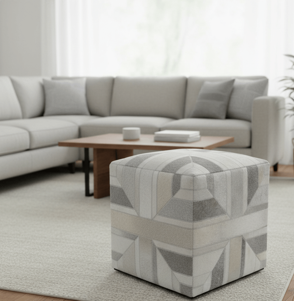 Modern Geometrical Ivory, Gray, Beige Genuine Leather Pouf - The Rug Decor