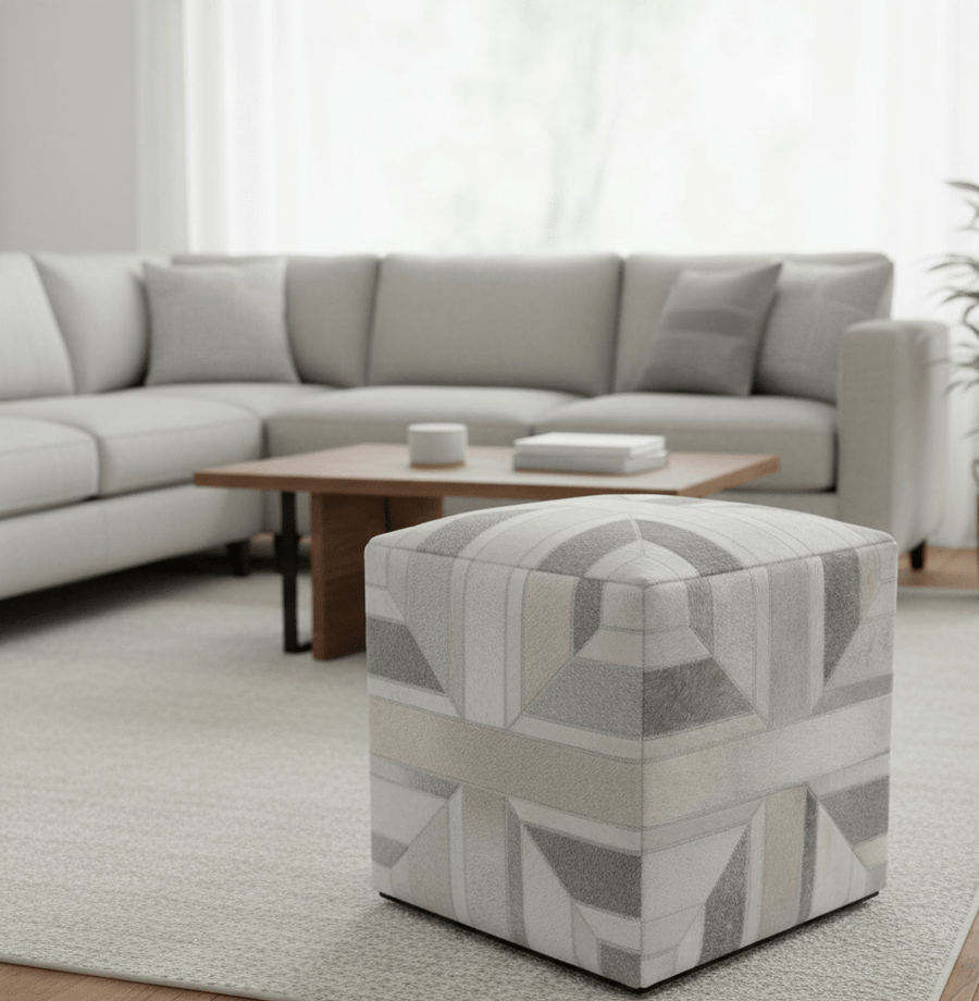 Modern Geometrical Ivory, Gray, Beige Genuine Leather Pouf - The Rug Decor