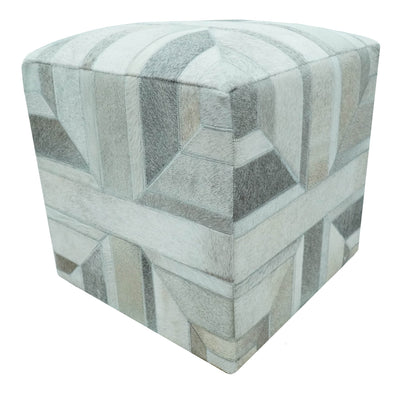 Modern Geometrical Ivory, Gray, Beige Genuine Leather Pouf - The Rug Decor