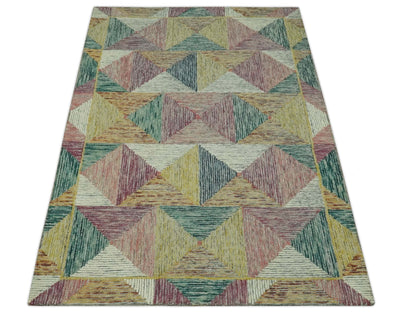 Modern Geometrical Ivory, Mustard, Maroon and Teal 5x7.6 Hand Tufted wool Rug - The Rug Decor